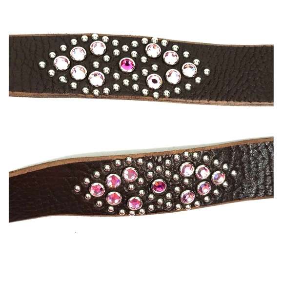 Brown Leather Studded Belt with Pink Stones L - Picture 3 of 4